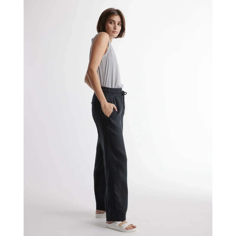 Quince Black European Linen Wide Leg Pants Smocked Waist 1X NWT
